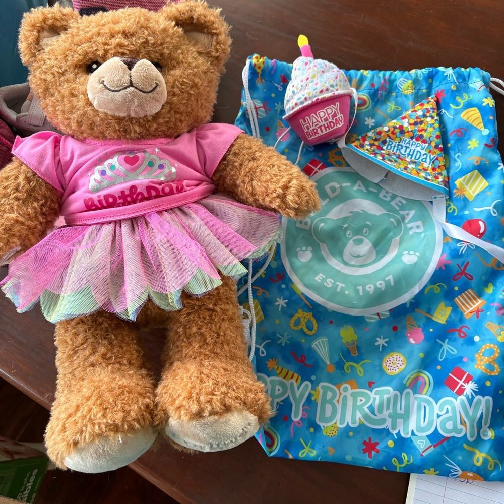 Build-A-Bear Bearlieve Bear with Birthday out fit and accessories